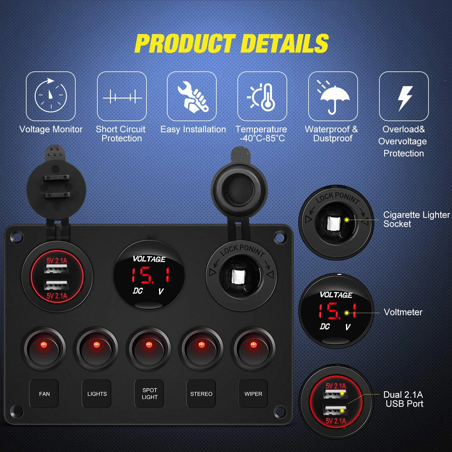 Multifunctional Rocker Switch Backlit Dual USB Charger Voltage Meter 12V Socket Switch Panel with Inline Fuse for RV Car Boat Truck Trailer — view 4