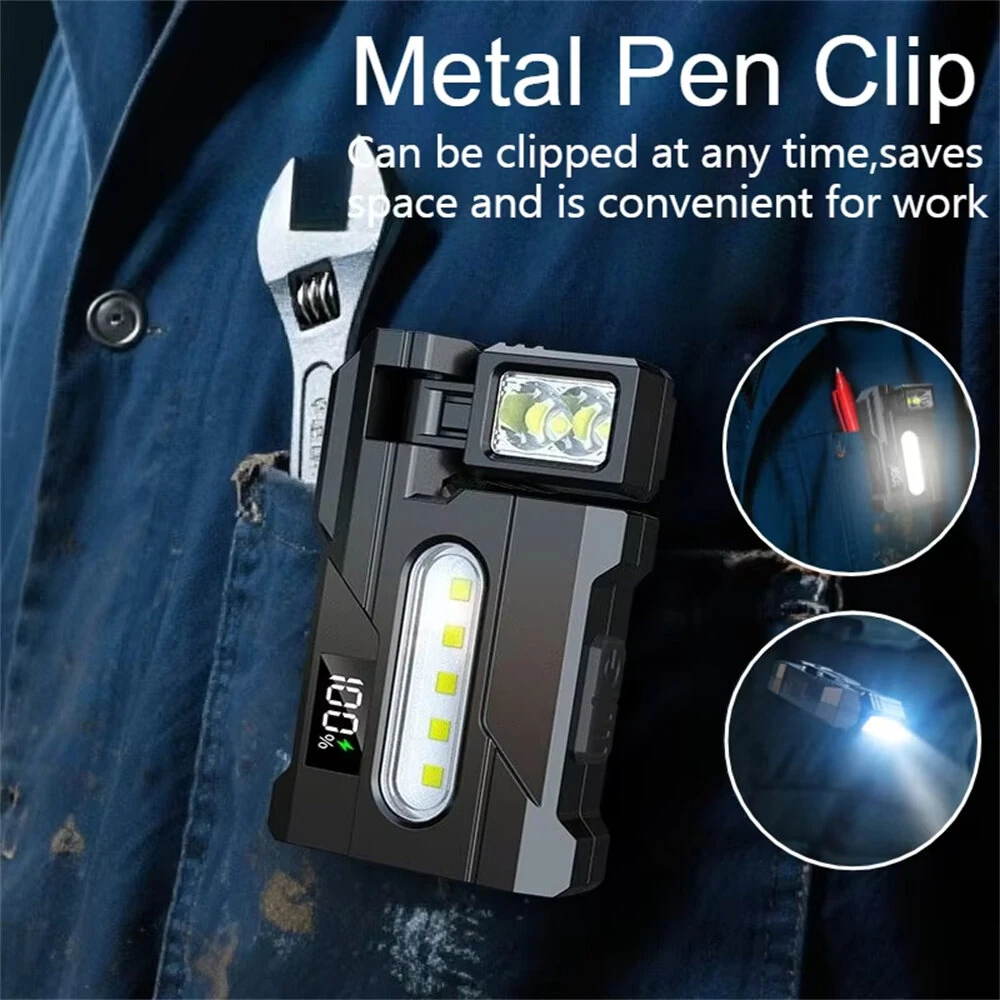 Multipurpose Dual Light Source LED Keychain Flashlight LCD Display Rotatable Pocket Work Light with Metal Clip EDC Torch for Outdoor Camping Hiking Emergency — view 5
