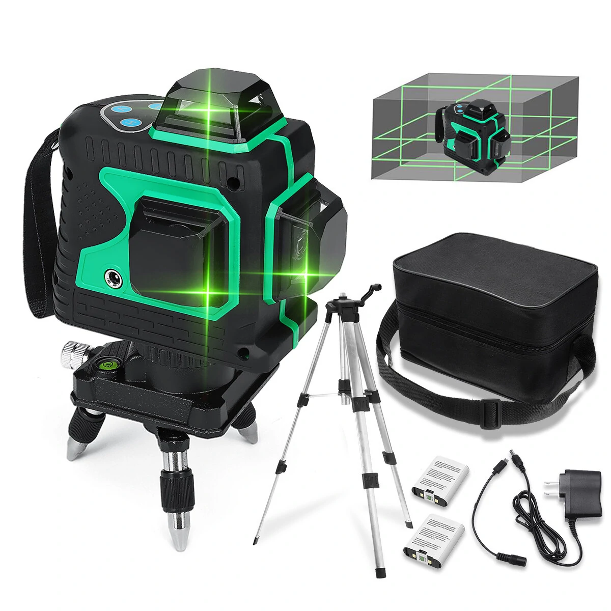 MUSTOOL 3D Green Auto Laser Level 12 Lines 360° Horizontal & Vertical Cross Build Tool Measuring Tools with 2 Batteries — MUSTOOL