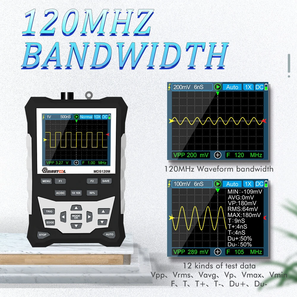 MUSTOOL MDS120M Professional Digital Oscilloscope 120MHz Analog Bandwidth 500MS/s Sampling Rate 320x240 LCD Screen Support Waveform Storage with Backlight — view 7