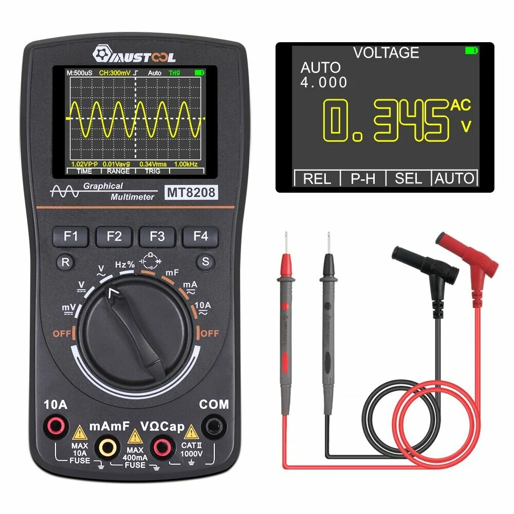 MUSTOOL MT8208 Intelligent Graphical Digital Oscilloscope Multimeter 2 in 1 With 2.4 Inches Color Screen 1MHz Bandwidth 2.5Msps Sampling Rate for DIY and Electronic Test Upgraded from MT8206 — view 2
