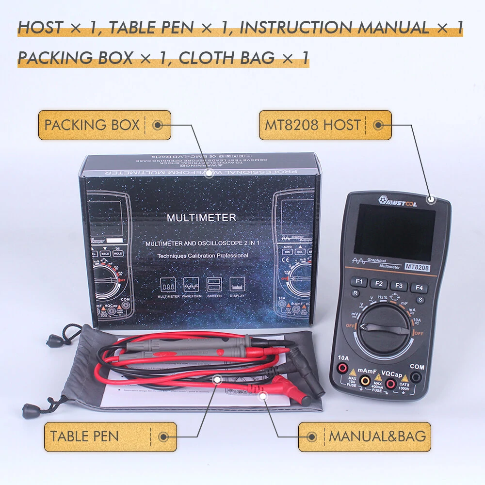 MUSTOOL MT8208 Intelligent Graphical Digital Oscilloscope Multimeter 2 in 1 With 2.4 Inches Color Screen 1MHz Bandwidth 2.5Msps Sampling Rate for DIY and Electronic Test Upgraded from MT8206 — view 8