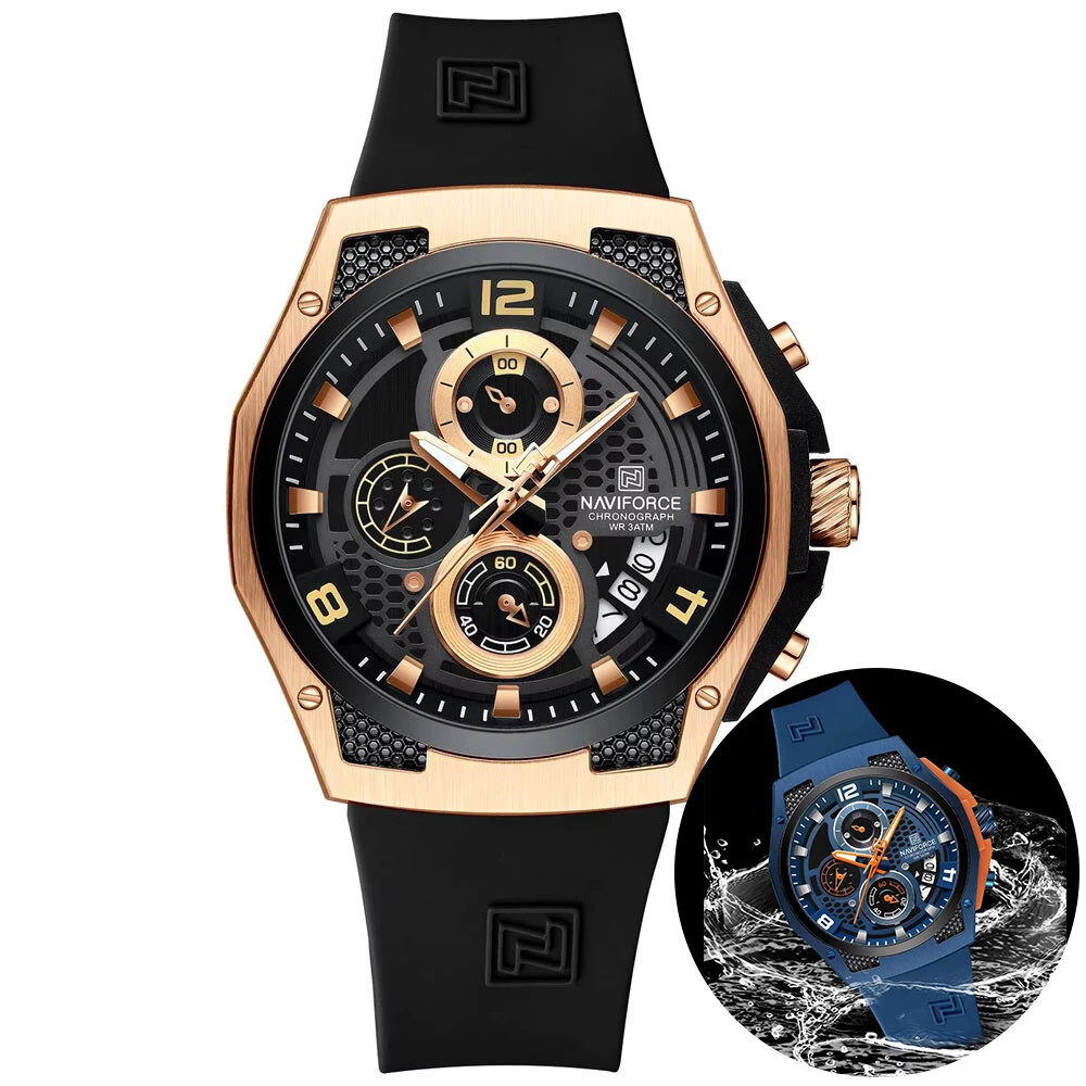 NAVIFORCE Men's Luxury Quartz Watch Waterproof Silicone Strap High Quality Sport Wristwatch for Active Lifestyle — NAVIFORCE
