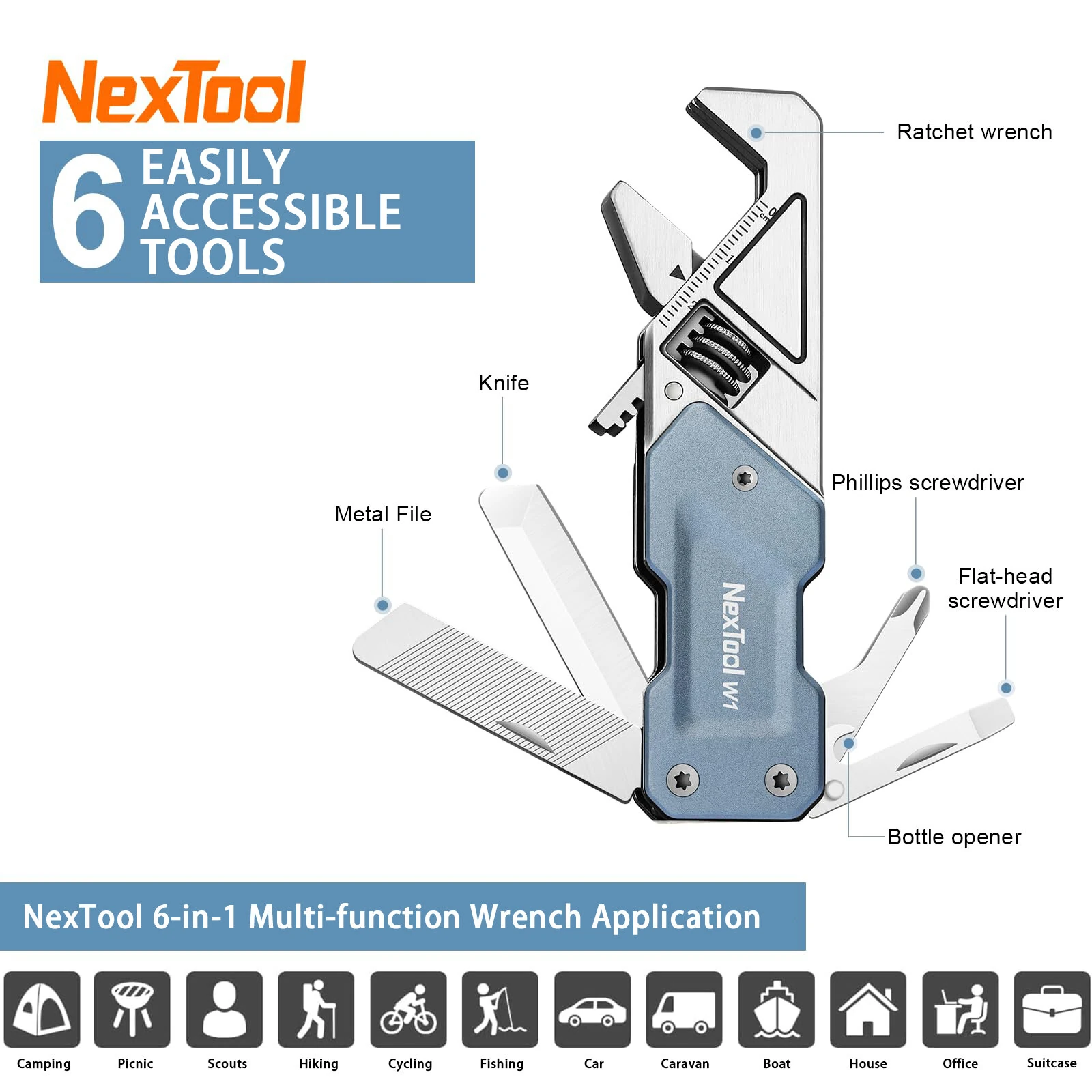 NexTool 6 In 1 EDC Adjustable Wrench Multitool Pocket Hand Tools Kit Screwdriver Bit Set Multi Function Tools Folding Knife File — view 2