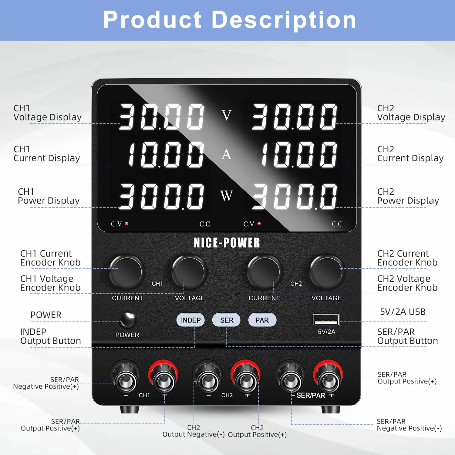 NICE-POWER SPS-2KD Dual-Channel DC Power Supply Series Parallel Independent Triple Output Function Bench Power 120V 60V 30V — view 3