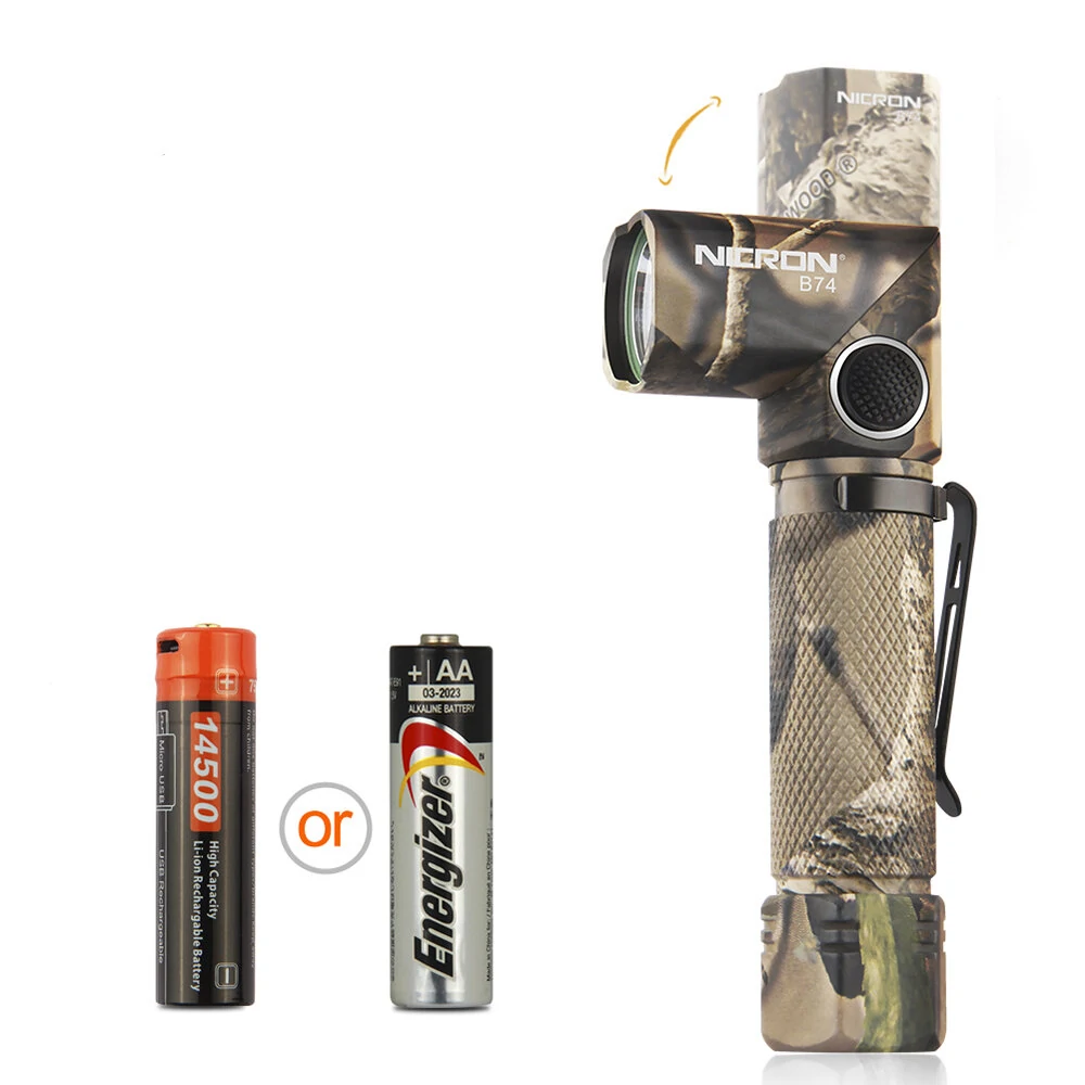 NICRON B74 700LM 90 Degree L-shape LED Camo Rechargeable Twist Clip Flashlight 14500 Waterproof LED Torch — NICRON