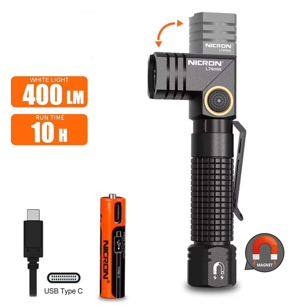 Nicron L74 Mini Tiny 400 Lumens Tactical EDC Flashlight L-shape LED Torch Rechargeable with Magnet 90 Degree IP65 Waterproof Led Pocket Light — view 3