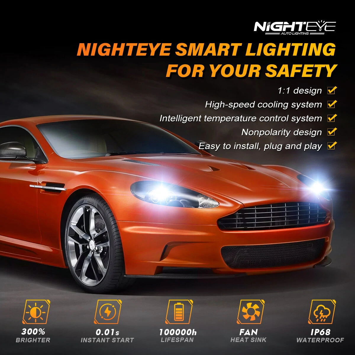 Nighteye DC 9V-32V Pair LED Car Headlights 6500K Cool White 9000LM/ Pair LED Headlamp IP68 Waterproof High Low Beam — view 10