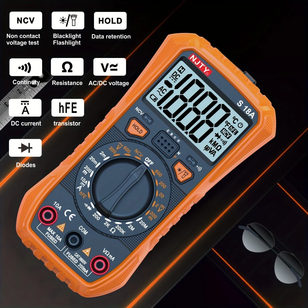 NJTY S18A Digital Multimeter High Precision Flashlight Backlit Display Non Contact Voltage Inspection Battery Powered Multimeter — view 3