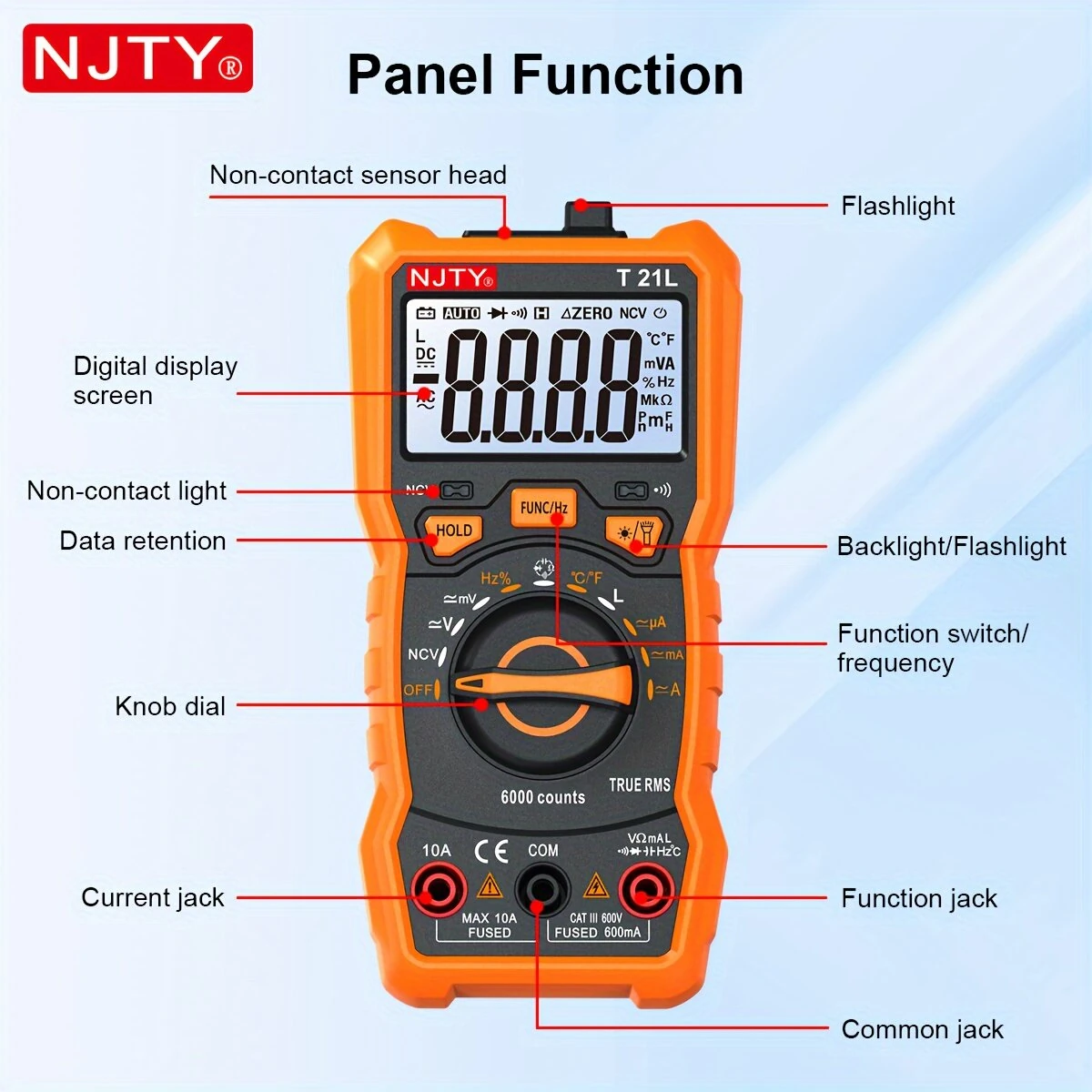 NJTY T21D T21L Multimeter 6000 Counts Auto Range AC DC Voltage Current Resistance Capacitance Temperature Inductance Measurement True RMS Test Tool — view 8