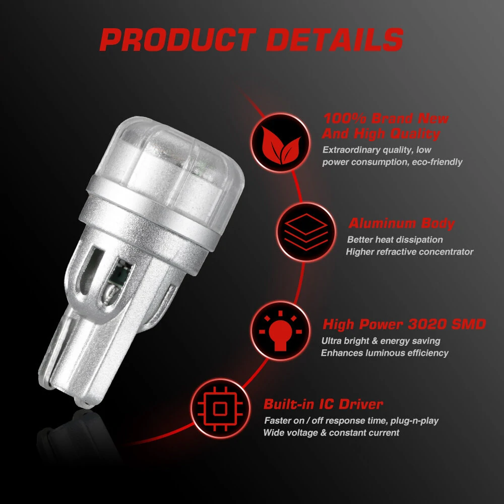 NOVSIGHT 12V T10 Pair Car LED Light Bulbs 2W Tail Light Bulbs 188LM High Brightness 3020SMD for Turn Signal Lights — view 8