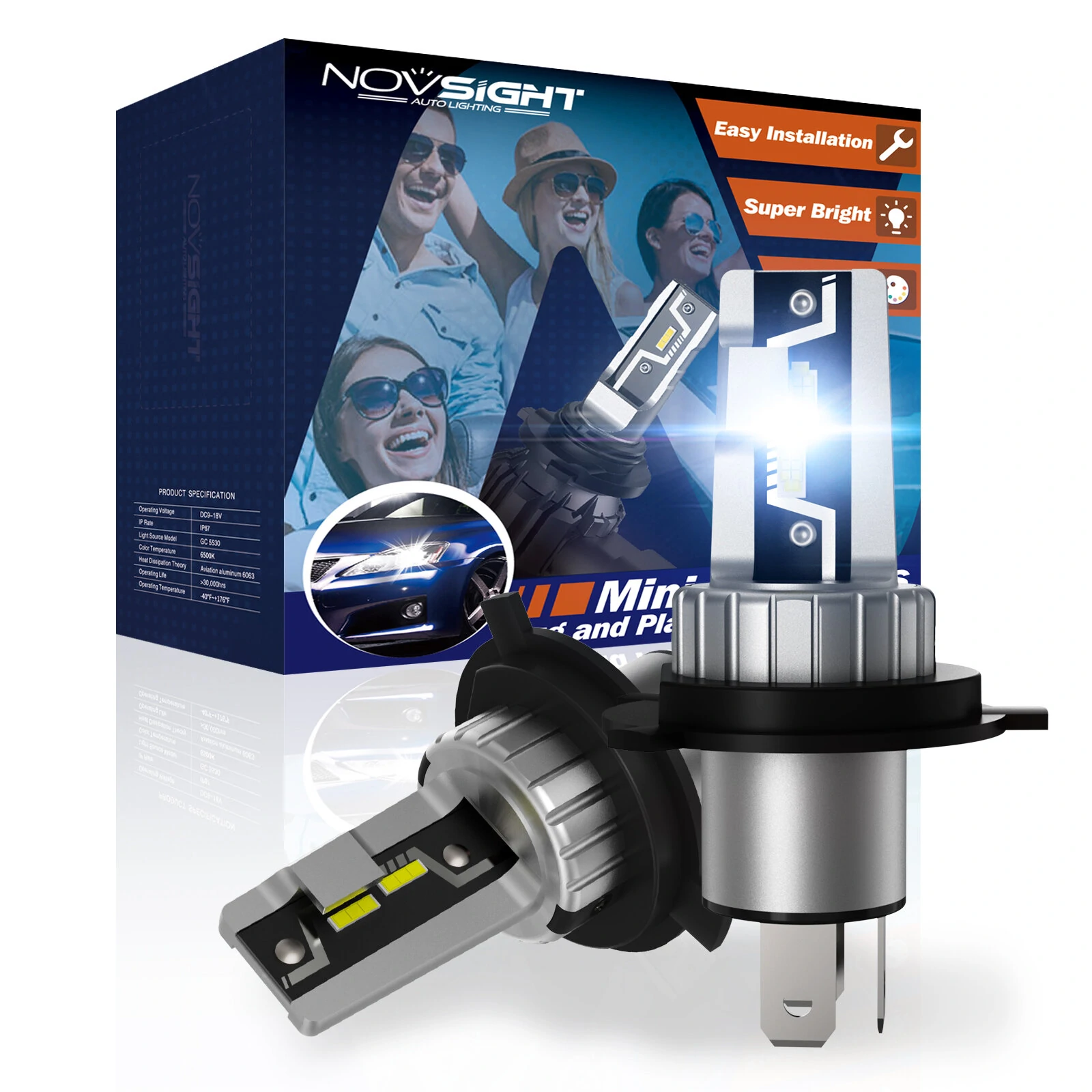 NOVSIGHT 2PCS Car Headlight LED Bulbs Kit 6500K Headlamp IP68 Waterproof LED Headlamp White Light
