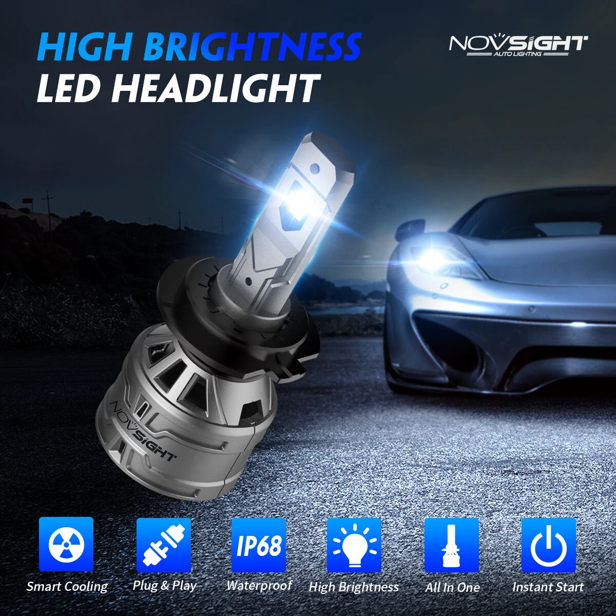 NOVSIGHT A500-N61 2PCS 13000LM/Pair 6500K Car LED Headlight Bulbs for Lighting Modification Cool White LED Headlamp 60W/Pair — view 2