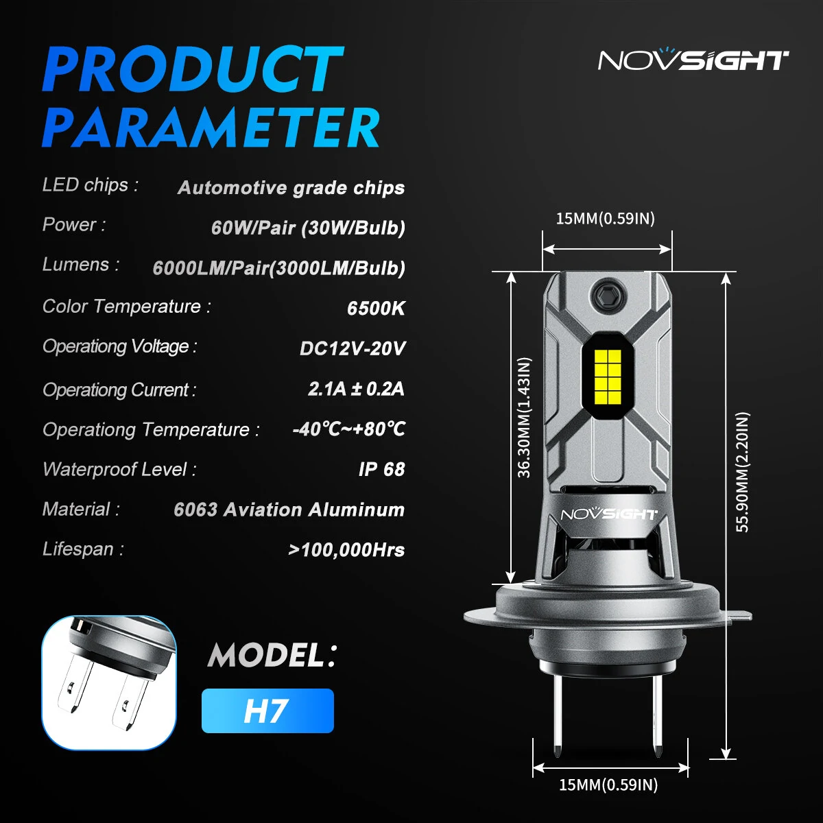 NOVSIGHT Pair 6500K Car LED Headlight Bulbs H7 6000LM/Pair LED Headlamp IP68 Waterproof for Car Lighting Modification — view 11