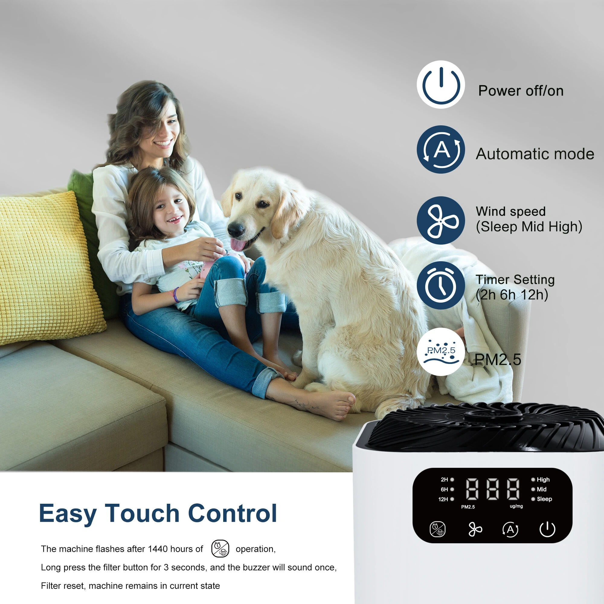 NovuLife GL-K803 HEPA Air Purifier with Negative Ions, PM2.5 Real-Time Display, 3-Stage Filtration, Touch Control,Quiet Aroma Diffuser for Home & Office — view 4
