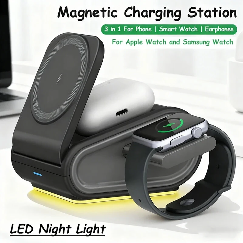 OJD-133 15W Magnetic Wireless Charger Fast Wireless Charging Stand with Night Light for Smart Phones for iPhone 17 17Pro Max 16 15 14 for Xiaomi 17pro for Huawei Mate XTs for Airpods for Apple Watch — view 3