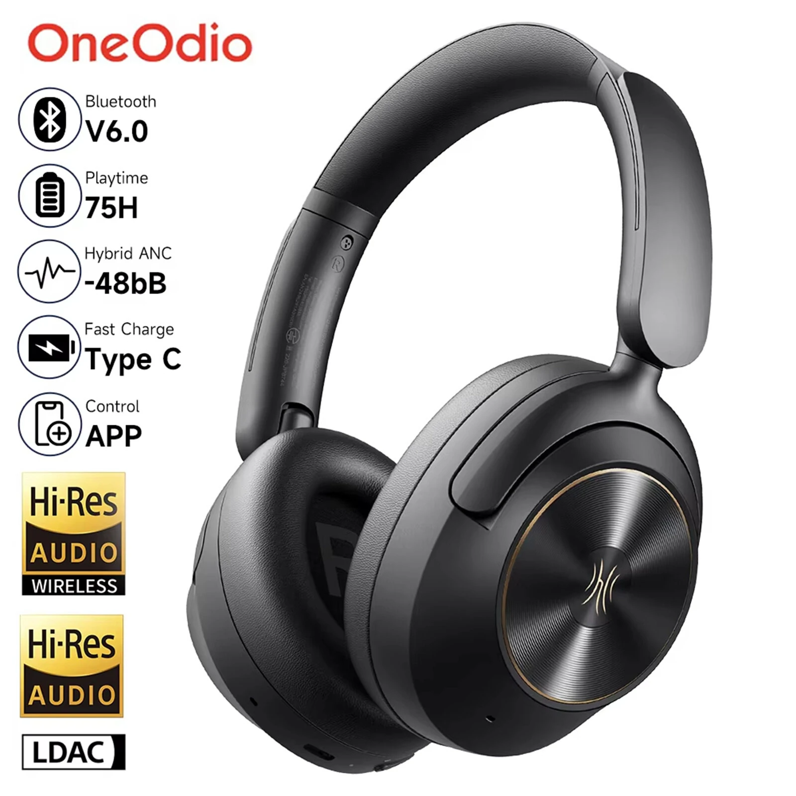 Oneodio Focus A6 Wireless Headset Bluetooth V6.0 Headphones -48dB Dual Active Noise Cancelling 5-mic ENC AI Call Noise Reduction 40mm HiFi Driver 3D Spatial Sound 75H Playtime Support Wired Connection Low Latency Over-Ear Headphones — view 4