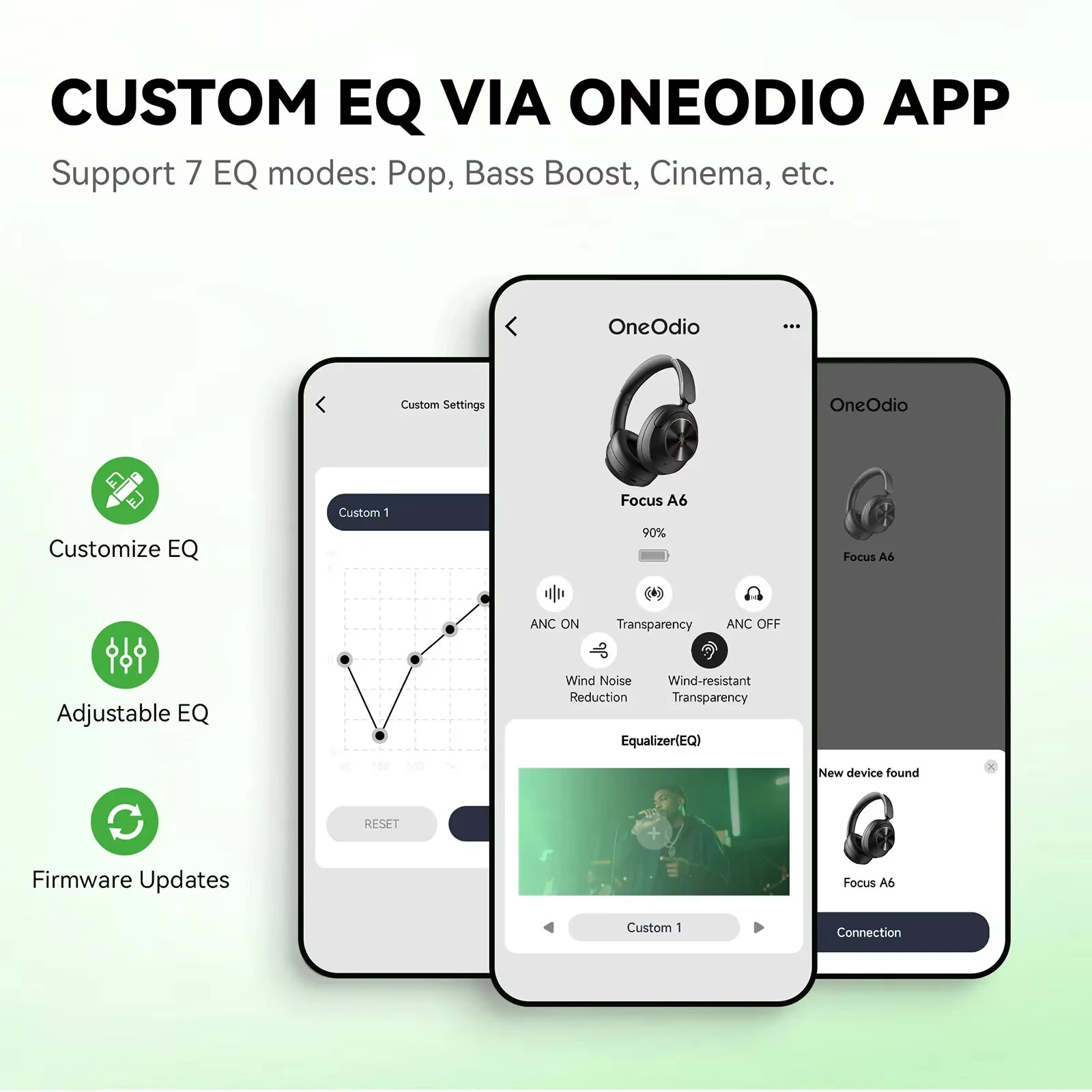 Oneodio Focus A6 Wireless Headset Bluetooth V6.0 Headphones -48dB Dual Active Noise Cancelling 5-mic ENC AI Call Noise Reduction 40mm HiFi Driver 3D Spatial Sound 75H Playtime Support Wired Connection Low Latency Over-Ear Headphones — view 9