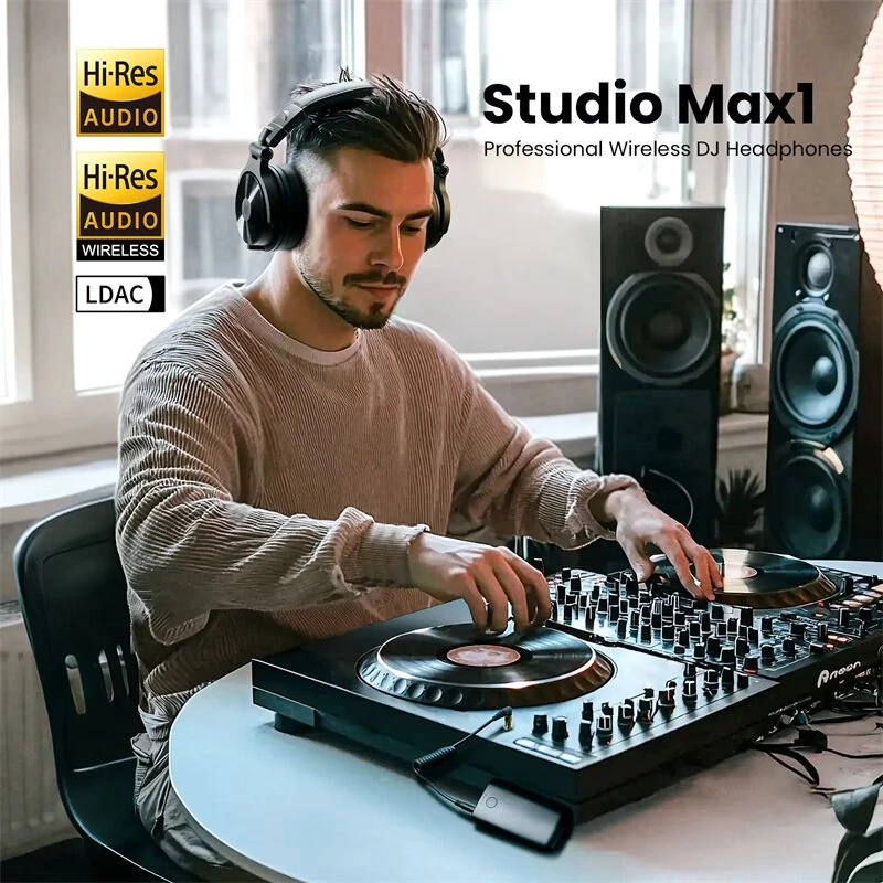 OneOdio Studio Max1 bluetooth Headset Wireless DJ Headphone 50mm Large Dynamic Speaker LDAC Dual Hi-Res Audio HD Dual-Mic ENC Call Noise Cancelling 120H Battery Life 3.5mm 6.35mm Dongle Mode Music Headphones — view 3