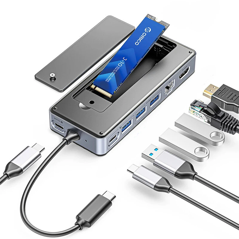 ORICO 8-in-1 USB-C Hub with SSD Enclosure Laptop Docking Station Adapter with 4K/60Hz HD / USB3.2 Gen2 / USB2.0*2 / Type-C Data / PD100W Type-C / 1000M RJ45 / M.2 NVMe SATA SSD for PC Laptop Matebook HUAWEI XIAOMI Macbook Pro — view 2