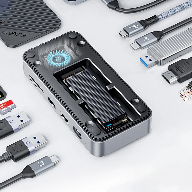ORICO DPM2P9 10-in-1 M.2 SSD Enclosure Docking Station with Cooling Fan PD100W / 10Gbps Type-C*2 / 5Gbps USB3.0*2 / 10Gbps USB3.2 Gen2 / 4K@60Hz HD / 1000M RJ45 / SD&TF3.0 Multi-ports USB-C Hub Splitter Adapter — view 3