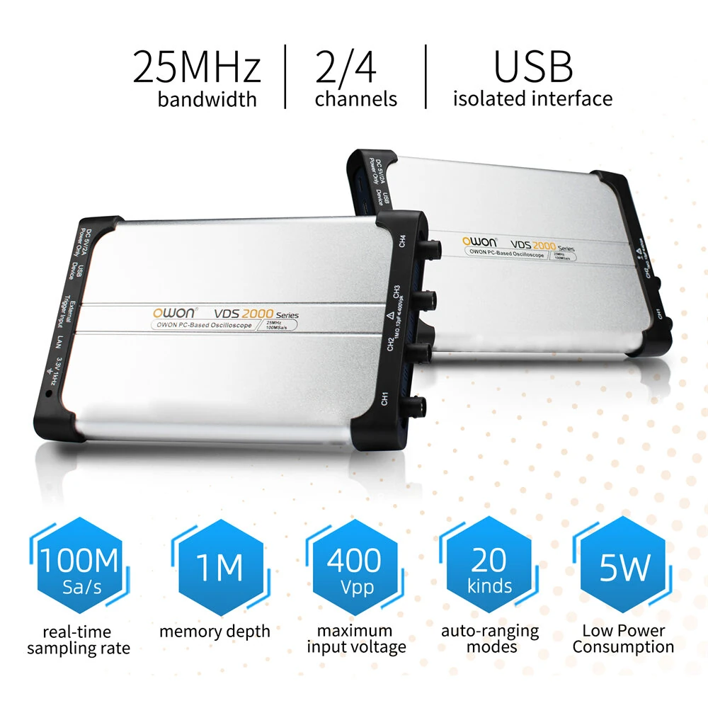 OWON VDS2000 Series PC Oscilloscope 25MHz Bandwidth 100MSa/s Sampling Rate Multi-Platform Compatible USB Interface 8-Bit Vertical Resolution — view 6