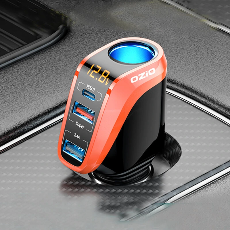 OZIO 12/24V Car Lighter Charger Universal Fast Charging 66W QC3.0 USB PD20W Type-C Power Supply Socket Adapter 4in1 with LCD Display for Driver RTV SUV MPV — OZIO