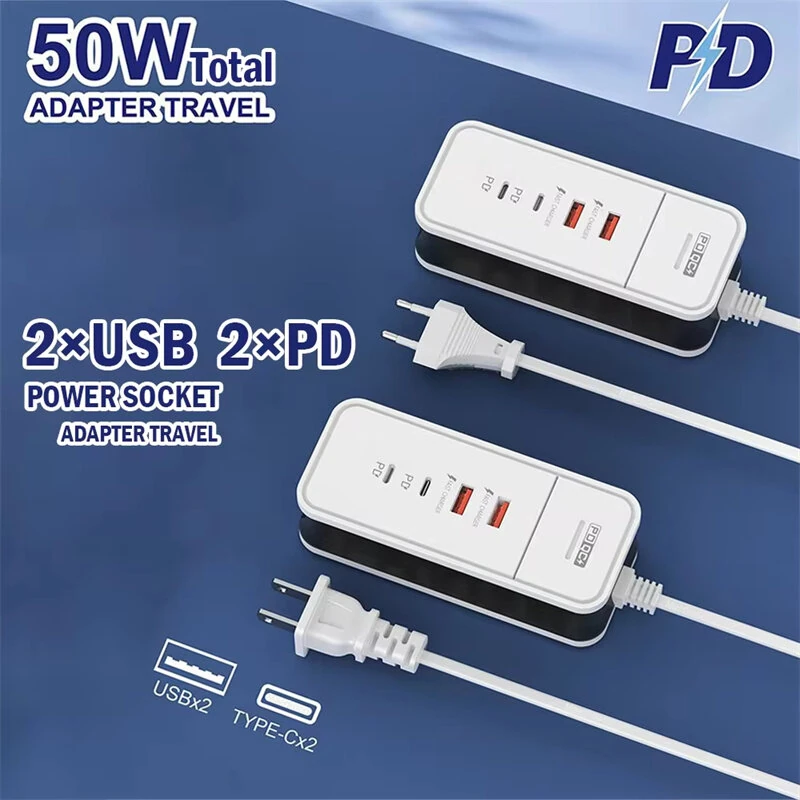 PD50W 4-Port Power Strip Dual USB+Dual Type-C PD QC3.0 Fast Charging Travel Charger Adapter EU Plug US Plug for iPhone 15 14 13 Pro for Huawei Nova Flip for Xiaomi MIX Fold4 for Samsung Galaxy Z Flip6 — view 3