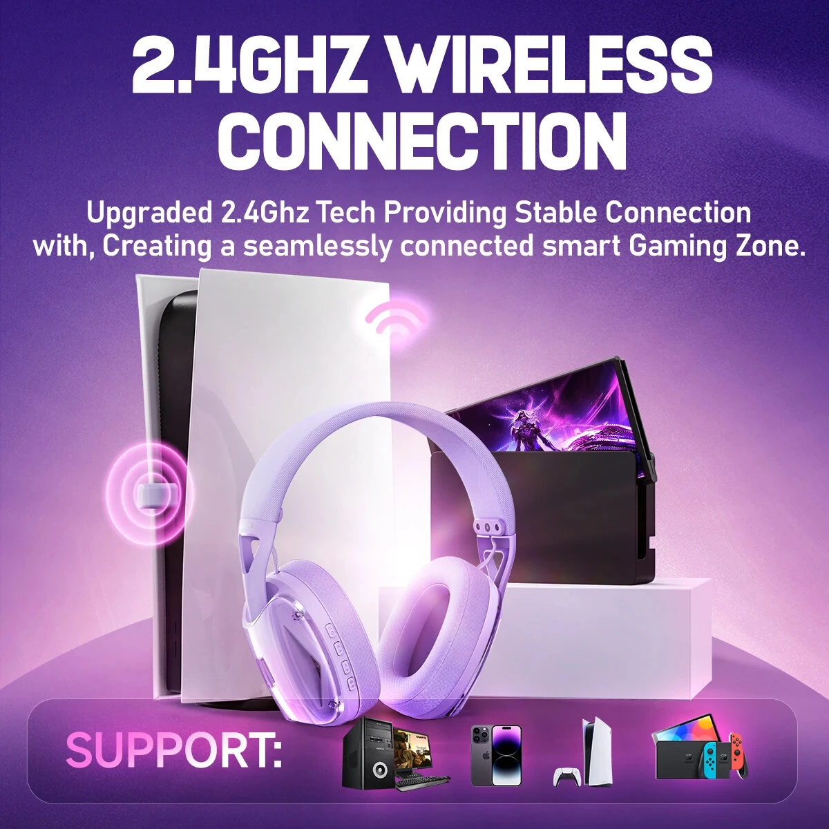 Picun G1 Wireless Headset bluetooth Gaming Headset 40mm Driver 3D Spatial Audio Low Gaming Delay 30H Battery Life Gamer Headphones with ENC HD Mic — view 3