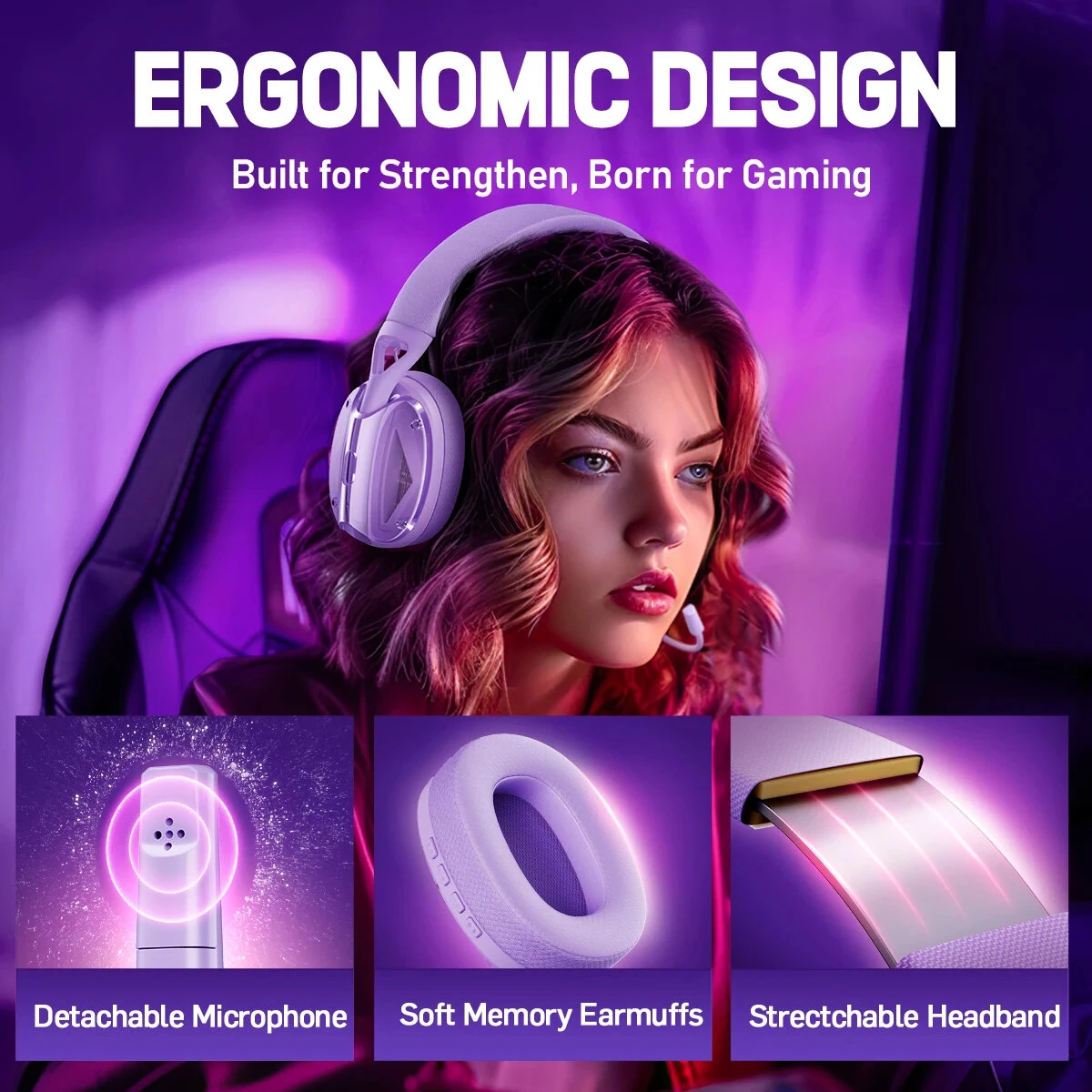 Picun G1 Wireless Headset bluetooth Gaming Headset 40mm Driver 3D Spatial Audio Low Gaming Delay 30H Battery Life Gamer Headphones with ENC HD Mic — view 7