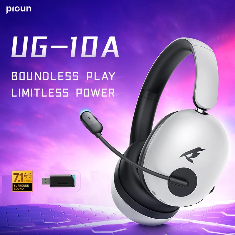 PICUN UG-10A Gaming Headset Wireless bluetooth V6.0 Headphone ANC -56dB Deep Noise Cancelling 40mm Composite Dynamic Driver 360° Spatial Audio 100H Battery Life RGB Effect 3.5mm AUX E-sports Gamer Headphones with HD Mic — view 3