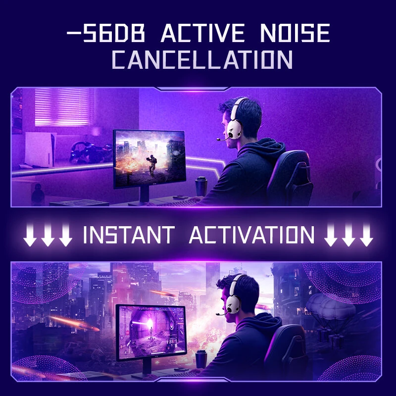 PICUN UG-10A Gaming Headset Wireless bluetooth V6.0 Headphone ANC -56dB Deep Noise Cancelling 40mm Composite Dynamic Driver 360° Spatial Audio 100H Battery Life RGB Effect 3.5mm AUX E-sports Gamer Headphones with HD Mic — view 5
