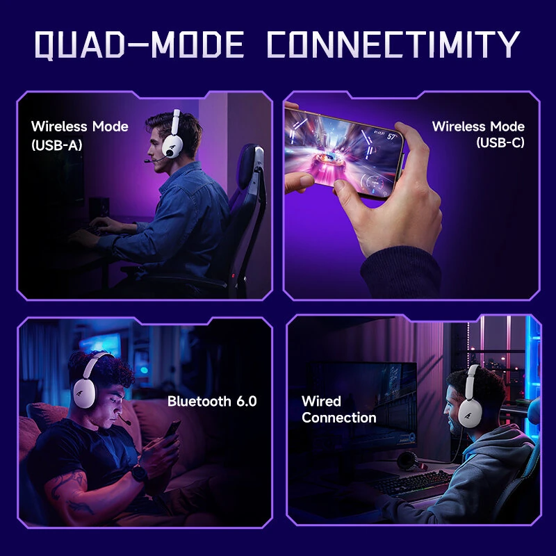PICUN UG-10A Gaming Headset Wireless bluetooth V6.0 Headphone ANC -56dB Deep Noise Cancelling 40mm Composite Dynamic Driver 360° Spatial Audio 100H Battery Life RGB Effect 3.5mm AUX E-sports Gamer Headphones with HD Mic — view 6