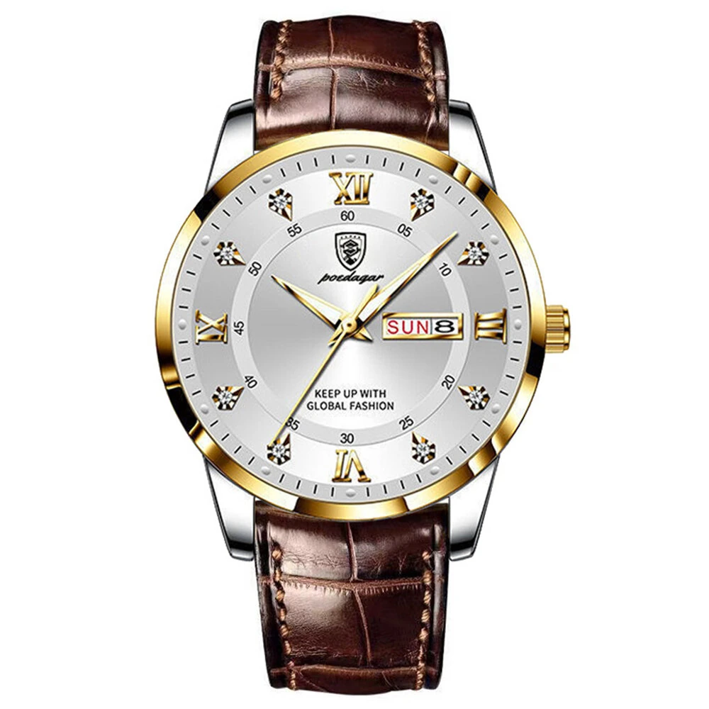 POEDAGAR Luxury Rhinestone Business Men Quartz Watch Calendar Week Luminous Pointer Leather Strap Waterproof Wristwatch