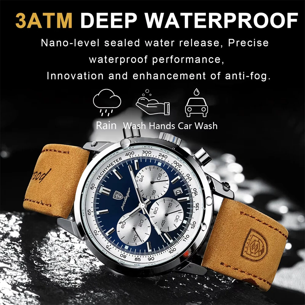 POEDAGAR Men's Luminous Waterproof Quartz Watch Fashion Comfortable Leather Multi-function Business Casual Wristwatch — view 3