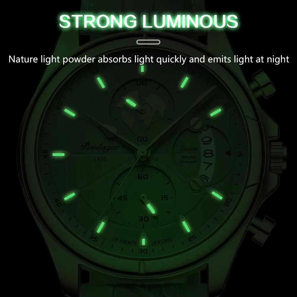 POEDAGAR Men's Waterproof Luminous Quartz Watches Fashion Multi-function Business Casual Wristwatch — view 3