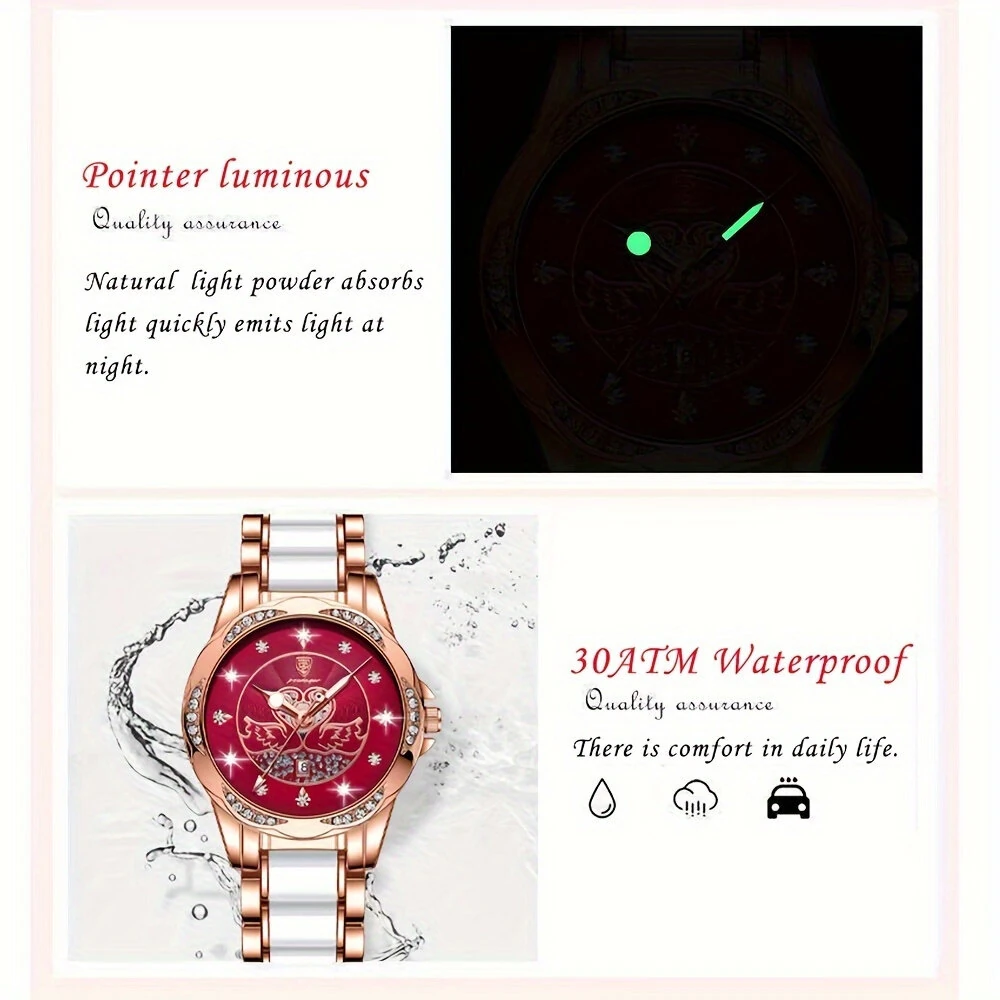 POEDAGAR Women's Luxury Rhinestones Swan Quartz Watch Waterproof Luminous Fashion Date Dial Analog Ceramic Band Wrist Watch — view 2
