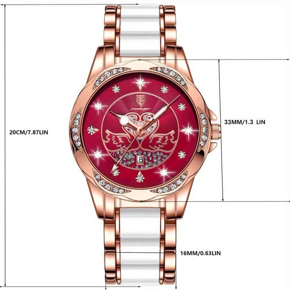POEDAGAR Women's Luxury Rhinestones Swan Quartz Watch Waterproof Luminous Fashion Date Dial Analog Ceramic Band Wrist Watch — view 4