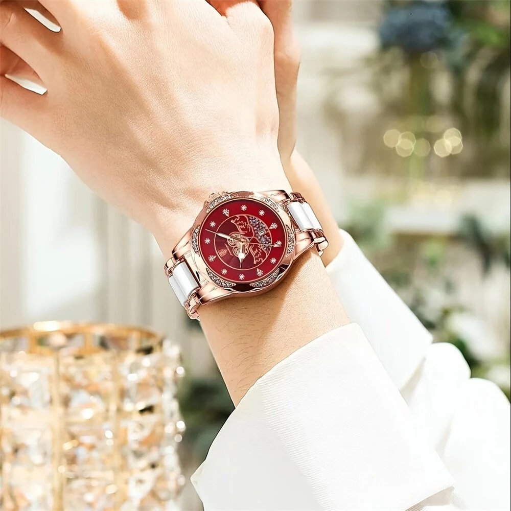 POEDAGAR Women's Luxury Rhinestones Swan Quartz Watch Waterproof Luminous Fashion Date Dial Analog Ceramic Band Wrist Watch — view 6