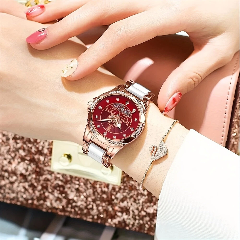 POEDAGAR Women's Luxury Rhinestones Swan Quartz Watch Waterproof Luminous Fashion Date Dial Analog Ceramic Band Wrist Watch — view 7