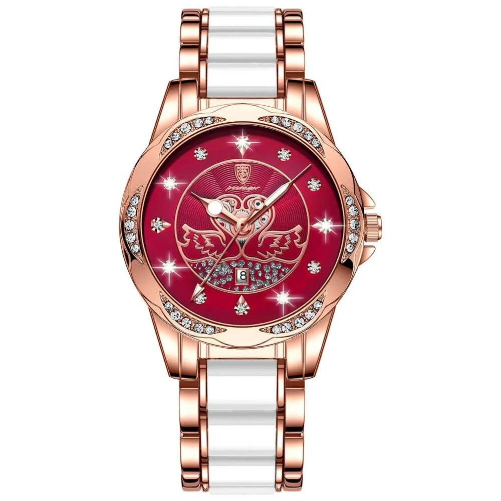 POEDAGAR Women's Luxury Rhinestones Swan Quartz Watch Waterproof Luminous Fashion Date Dial Analog Ceramic Band Wrist Watch — view 9