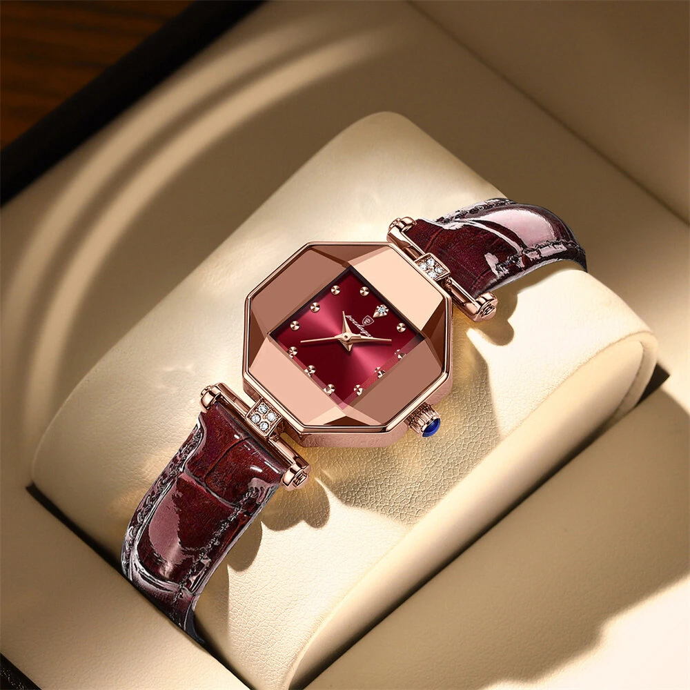 POEDAGAR Women Watches Fashion Luxury Rhinestones Quartz Watch Polygon Pointer Waterproof Ladies Leather Wristwatch — view 3