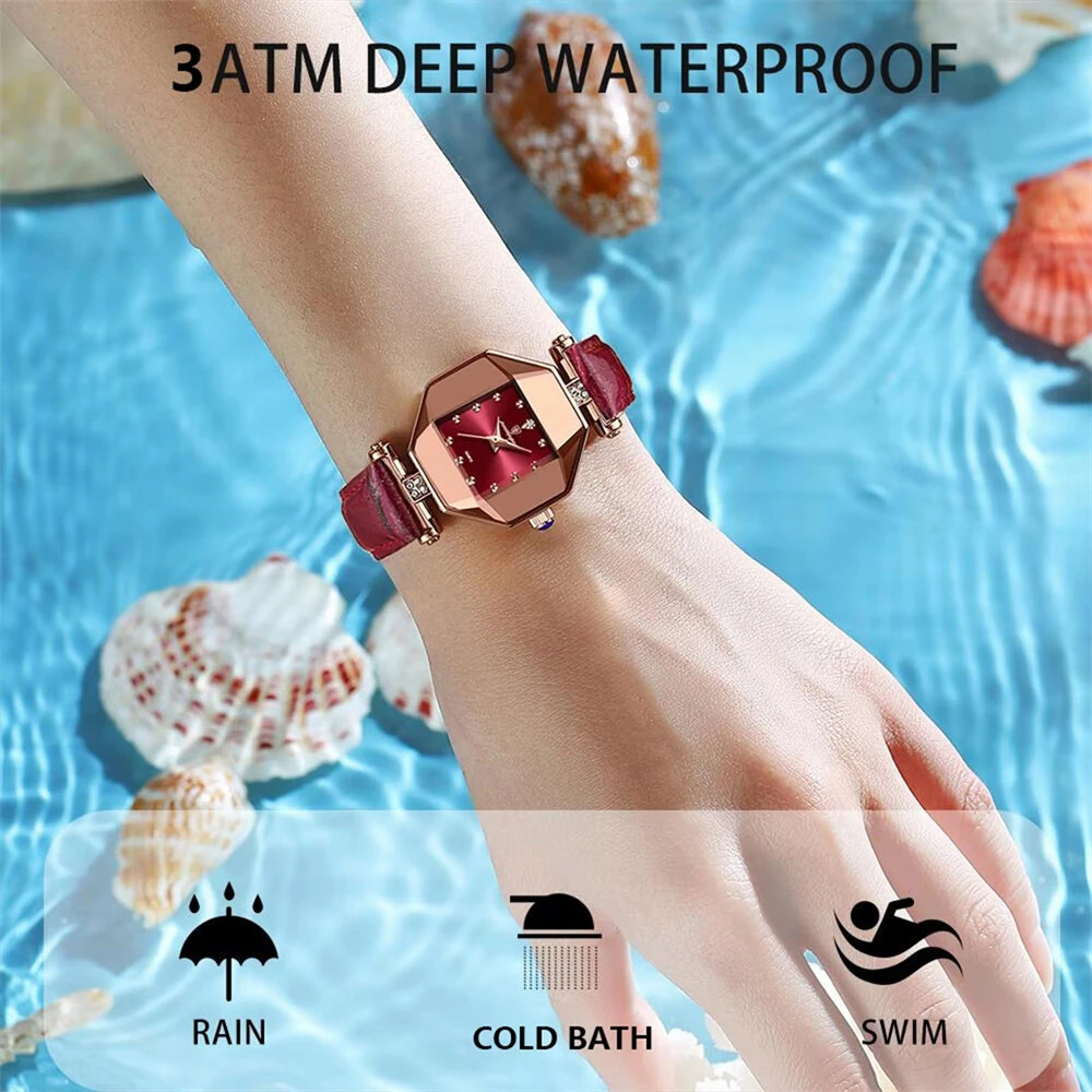 POEDAGAR Women Watches Fashion Luxury Rhinestones Quartz Watch Polygon Pointer Waterproof Ladies Leather Wristwatch — view 5