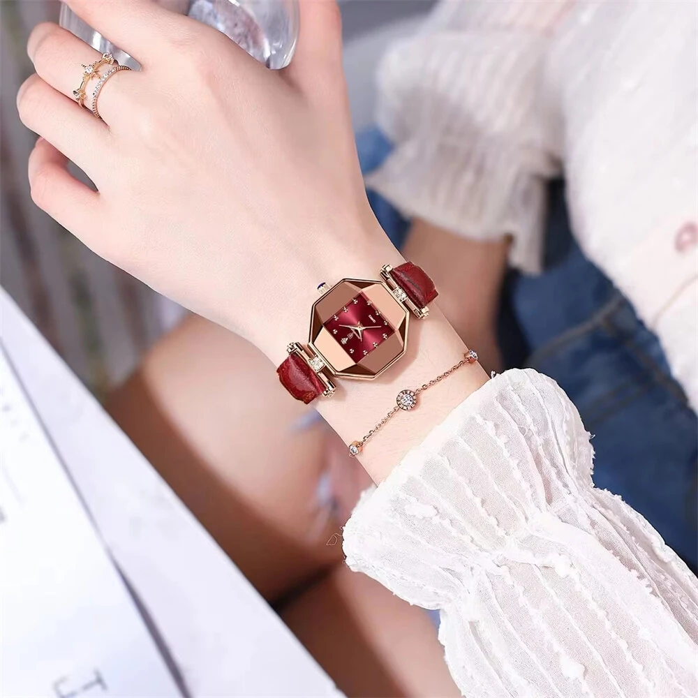 POEDAGAR Women Watches Fashion Luxury Rhinestones Quartz Watch Polygon Pointer Waterproof Ladies Leather Wristwatch — view 6