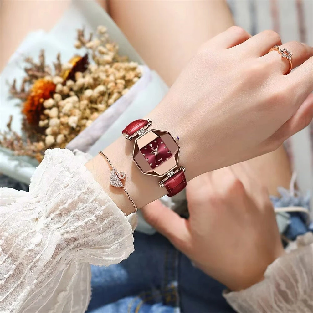 POEDAGAR Women Watches Fashion Luxury Rhinestones Quartz Watch Polygon Pointer Waterproof Ladies Leather Wristwatch — view 7