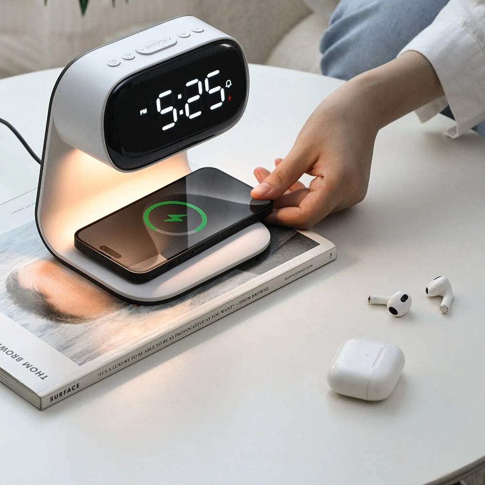 Portable Bedroom Touch Control Bedside Table Lamp Dimmable Digital Alarm Clock Wireless Charging Station for Bedroom, Bedside Office — view 3