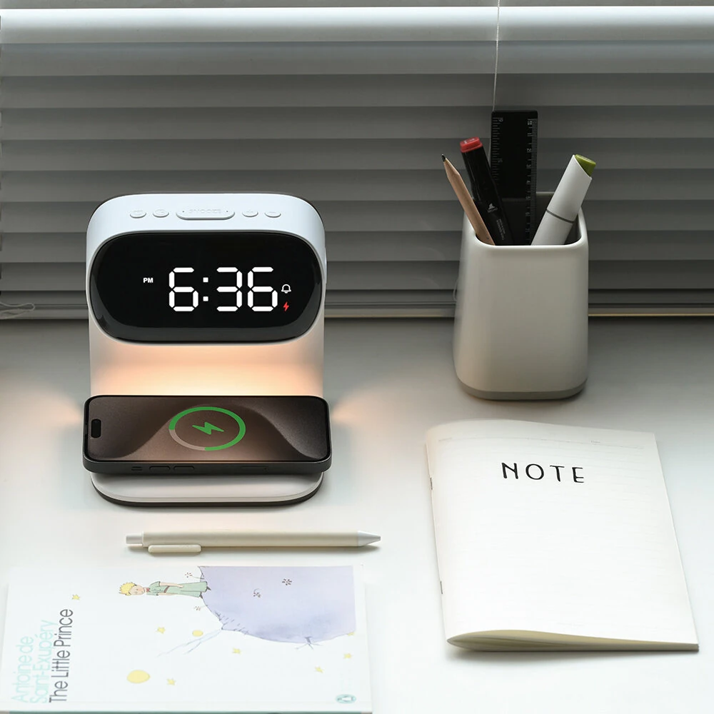 Portable Bedroom Touch Control Bedside Table Lamp Dimmable Digital Alarm Clock Wireless Charging Station for Bedroom, Bedside Office — view 4