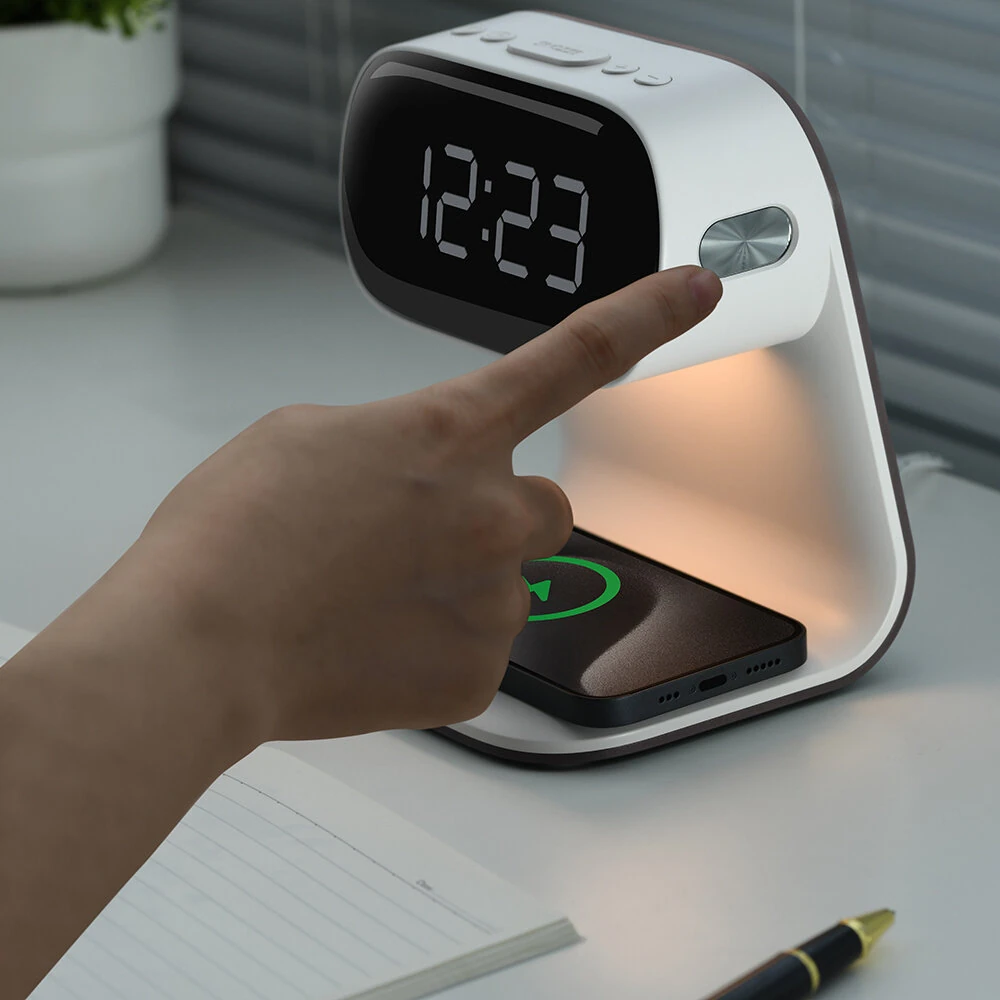 Portable Bedroom Touch Control Bedside Table Lamp Dimmable Digital Alarm Clock Wireless Charging Station for Bedroom, Bedside Office — view 6