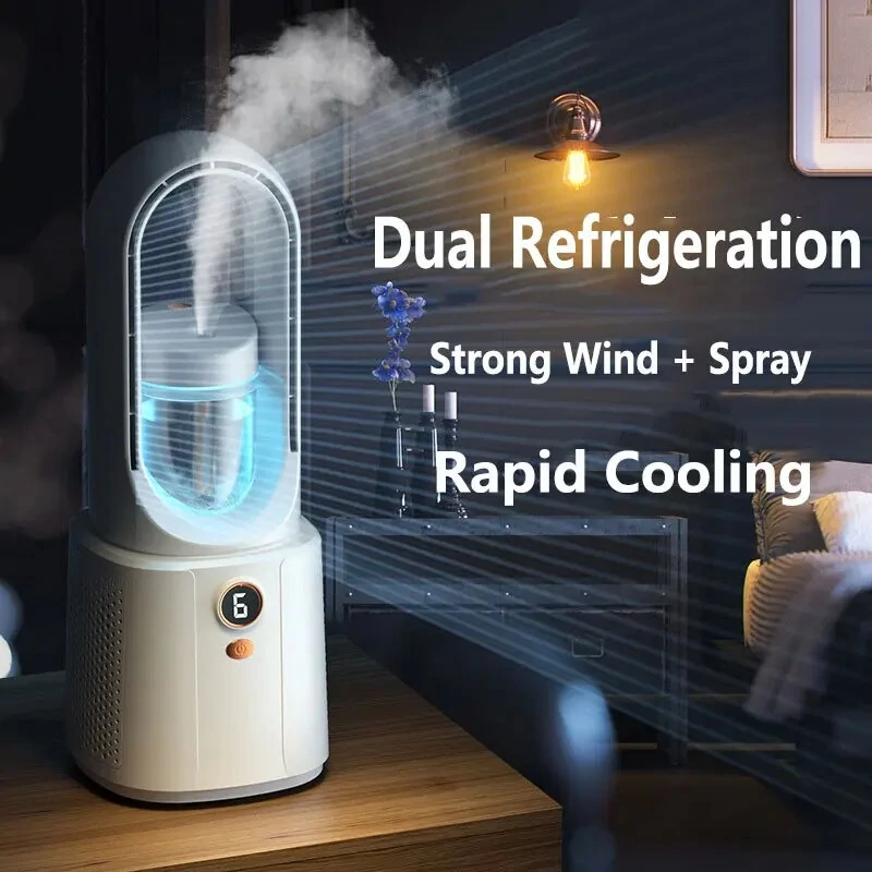 Portable Bladeless Fan With Night Light Spray Air Cooler Air Humidifier Six Speed Wind Adjustment USB Fan Desktop Fan Silent Air Conditioner — Pricio