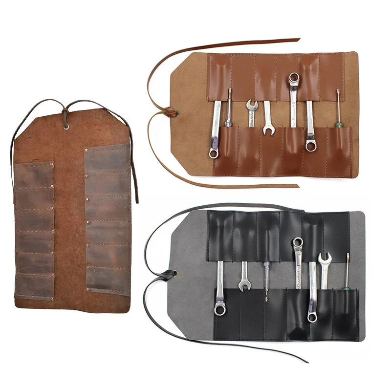 Portable Leather Tool Roll Bag Multifunction Hardware Cutter Wrench Storage Leather Roll Portable Pouch Tool Bag Wrench Tool — Pricio
